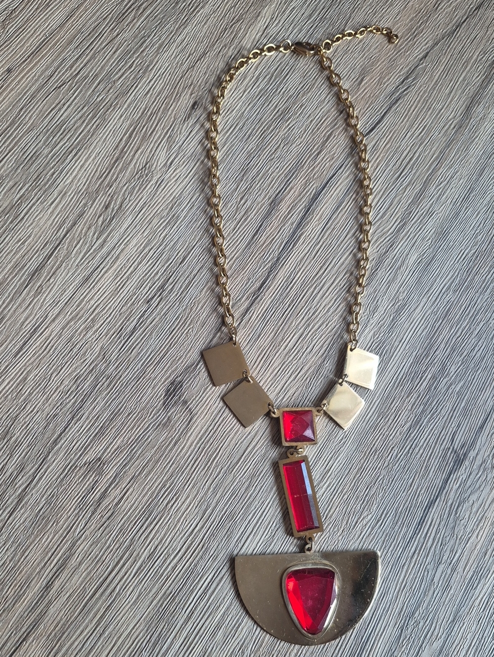 Vintage Art Deco Gold Statement Necklace with Red Glass Gemstones